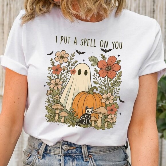 Tops - Floral Halloween Ghost Shirt, Halloween Ghost Graphic Tshirt